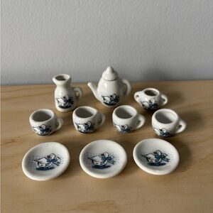 Miniature Ceramic Tea Set with White and Blue Goose Pattern 🪿